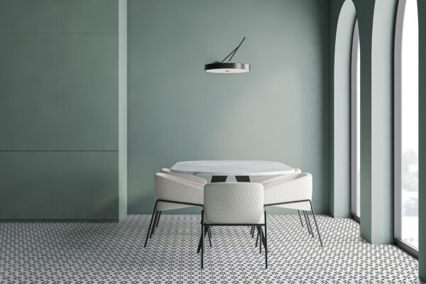 Interior of modern panoramic dining room with green walls, concrete floor, arched windows and marble table with white armchairs. 3d rendering
