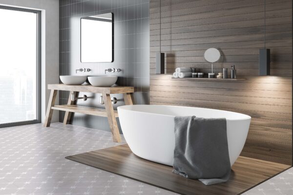 Black and wooden wall bathroom corner with a tub and a make up shelf. A double sink near a gray wall. Concept of a modern house design. 3d rendering