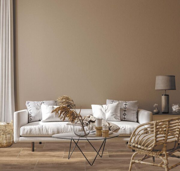 Boho style home interior, living room in brown warm color, 3d render